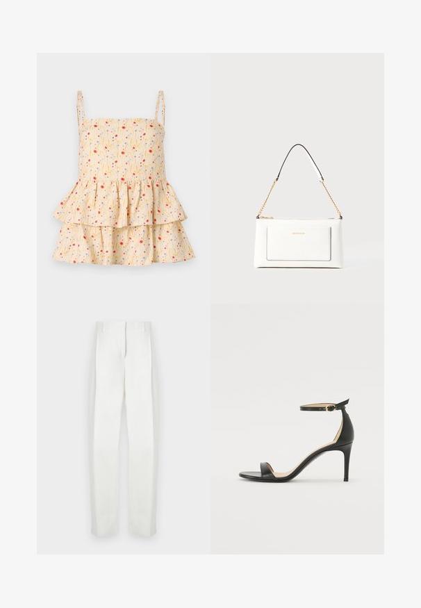Helmstedt ELLIE - Palaidinė - cornflower; Paul Smith Kelnės - white; Juodos oda aukštakulniai sandalai su kulkšnies dirželiu. Pasižymi lygiu paviršiumi, atviru pirštu ir plonu kulnu. Auksinės spalvos sagties detalė.; Balta odinė rankinė su tekstūruotu paviršiumi, turinti auksinį grandinėlės dirželį ir juodas detales. Įskaičiuota priekinė kišenė ir užtrauktuko uždarymas.