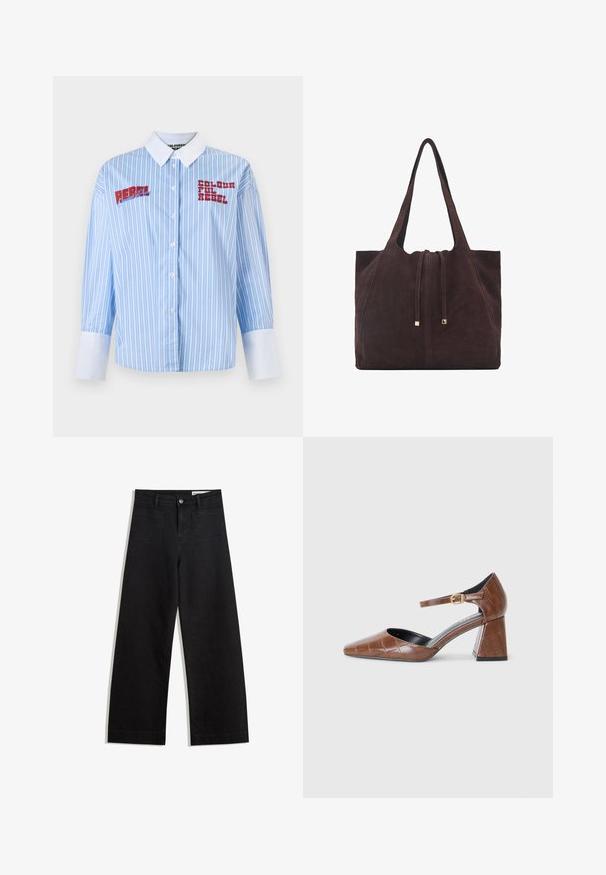 Blue and white striped shirt with long sleeves, white collar, and two red embroidered texts: "REBEL" and "COLOURFUL REBEL."; Black wide-leg denim pants with a high waist, featuring front and back pockets, stitched seams, and a button closure. Smooth texture.; Brown patent leather pump with a square toe, textured croc pattern, ankle strap with gold buckle, and a chunky heel.; Mango Tote bag - dark brown