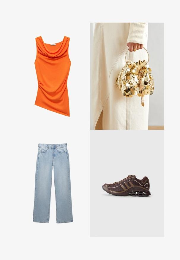 Top portocalie fără mâneci cu decolteu tip cowl, având pliseuri pe o parte și un material neted și elastic. Design cu hem asimetric.; Blugi din denim de culoare albastru deschis, cu un design cu picioare largi, având o închidere cu nasture și fermoar, cinci buzunare și detalii minime de cusătură.; Pantof sportiv maro cu partea superioară din plasă și material sintetic, prezentând trei dungi, cusături detaliate, talpă cu amortizare și un toc caracteristic elastic.; Geantă de mână cu mânere circulare, confecționată din paiete aurii, cu un șnur de închidere, având paiete rotunde strălucitoare și o țesătură texturată. Dimensiunile nu sunt furnizate.