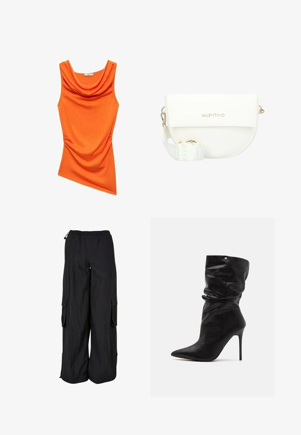 Oranžový bezrukávový top s výstřihem do cowl, který má na jedné straně řasení a je vyroben z hladké, elastické látky. Asymetrický design spodního okraje.; Černé cargo kalhoty s elastickým pasem, volným střihem, lehkým materiálem, bočními kapsami a jemnou texturovanou úpravou.; Even&Odd Wide Fit Kotníková obuv na vysokém podpatku - black; Bílá kožená křížová taška zaobleného tvaru, s magnetickým uzávěrem a vyraženým logem "VALENTINO". Obsahuje odnímatelný popruh.