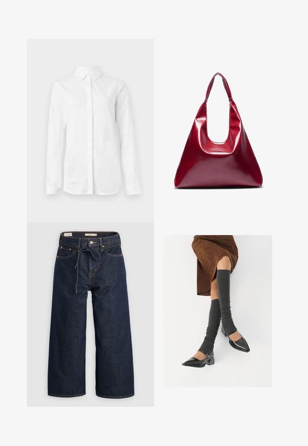 Bela srajca z dolgimi rokavi iz gladkega bombaža. Ima klasičen ovratnik in sprednje zapiranje na gumbe z ravnim robom ter brez vzorcev.; Temno modri široki kavbojki z vrvico v pasu, sprednjimi žepi in kontrastnimi oranžnimi šivi.; Črne lakirane čevlje s pointy prsti in blok peto ter z naramnicami za gleženj, ki jih kombiniramo s sivimi rebrastimi nogavicami in rjavim suknjičem iz usnja.; Rdeča sijoča usnjena torbica v trikotni obliki, širokim vrhnjim odprtjem in enim ukrivljenim ročajem. Gladka textura z minimalnimi šivi.