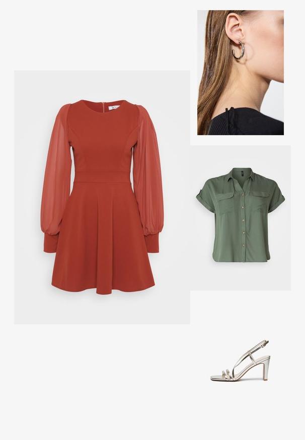 Kortsleeve, olivengrønn knappskjorte laget av glatty tekstil, med to brystlommer og kontrastfargede knappdetaljer.; Rød kjole med korte, puffede, gjennomsiktige ermer, tettsittende liv, utsvingt skjørt og glidelås bak. Laget av strukturert stoff med en glatt finish.; Metallisk sølv høye hæler sandal med åpen tå, med tre tynne stropper over foten og en ankelstropp med spenne.; Gull metallisk clutch-veske med en glatt tekstur, som har en trekantet klaffelukking. Hånden som holder den har pent manikyrte negler.; Sølv ringøredob med en polert finish, med små gull detaljer og en rund form, båret på øreflippen.