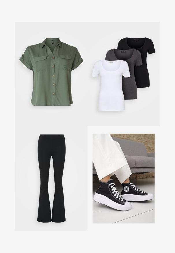 Chemise à manches courtes, vert olive, en tissu lisse, avec deux poches poitrine et des détails de boutons contrastés.; Trois T-shirts ajustés en blanc, gris et noir. Chacun présente un décolleté large et des manches courtes. Fabriqués en tissu lisse et extensible.; Pantalon évasé noir en tissu extensible, présentant une taille haute et une texture lisse. Le pantalon s'élargit à partir du genou.; Baskets montantes en toile noire avec semelles et lacets en caoutchouc blanc. Elles présentent un logo circulaire sur le côté et un contraste de coutures blanches.