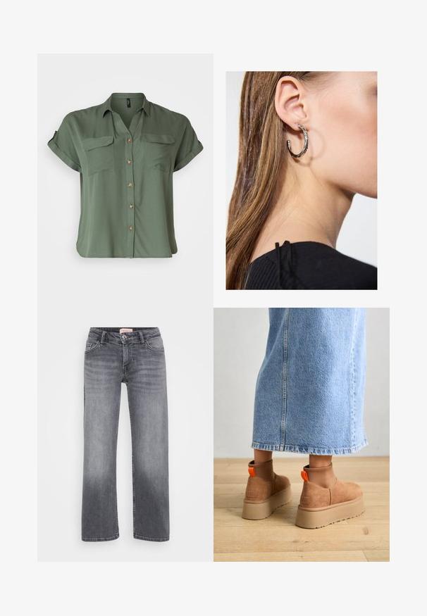 Short-sleeve, olive green button-up shirt made of smooth fabric, featuring two chest pockets and contrasting button details.; Gray denim jeans with a straight leg design, five-pocket style, subtle fading, and a button closure at the waist.; Brown suede platform boots with elastic side panels and orange pull tabs, paired with a knee-length light denim skirt on a wooden floor.; Silver hoop earring with a polished finish, featuring small gold accent details and a round shape, worn on the lobe.