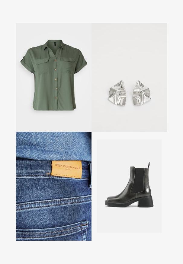 Lyhythelmainen, oliivinvihreä napitettava paita, joka on valmistettu sileästä kankaasta. Paidassa on kaksi rintataskua ja eriväriset napit.; Sininen farkut, joissa on ruskea nahkainen etiketti, jossa lukee "ONLY CARMKOMA Denim", näkyvillä ompeleilla ja sivutaskun yksityiskohdalla.; Musta nahkakenkä nilkkamitoilla, joissa on sileä pinta, joustavat sivupaneelit ja paksu korko. Varustettu vetoketjulla helpompaa pukemista varten.; Hopeakauppaketju, jossa on aaltoileva, veistoksellinen muotoilu ja kiiltävä pinta, esittelee epäsäännöllisiä muotoja, korostaen nykyaikaista estetiikkaa.