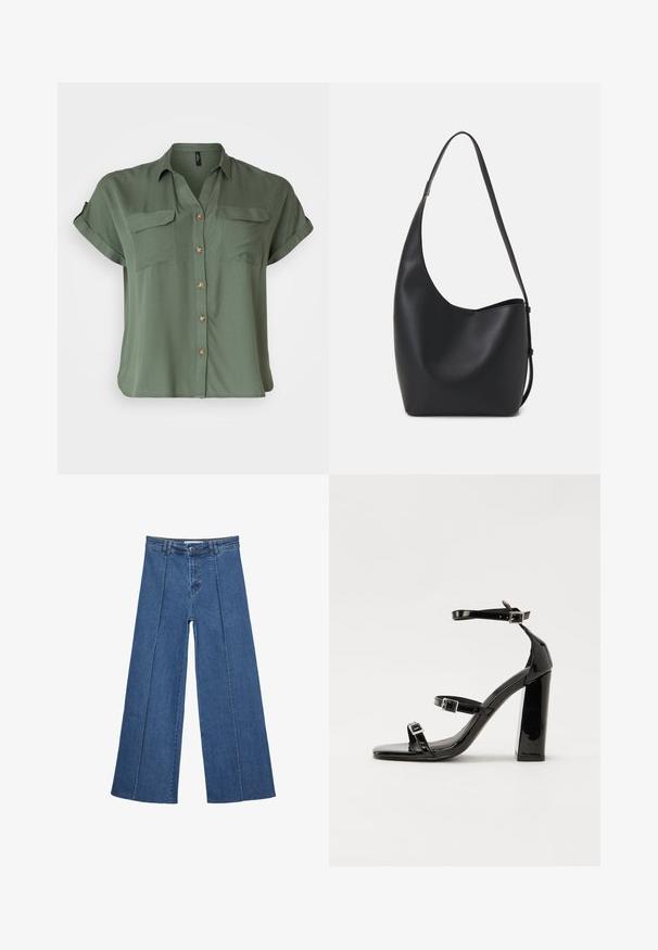 Camicia a maniche corte di colore verde oliva, realizzata in tessuto liscio, con due tasche sul petto e dettagli dei bottoni a contrasto.; Jeans in denim a gamba larga di blu medio, con vita alta, chiusura con bottone e dettagli delle cuciture verticali a contrasto lungo la parte anteriore.; Sandali con tacco in vernice nera, con punta squadrata, cinturini alla caviglia e fibbie in argento. Presentano un tacco a blocco spesso per maggiore stabilità.; Borsa hobo nera in pelle con una superficie liscia, forma curvata e una singola tracolla regolabile; presenta un'ampia apertura nella parte superiore.