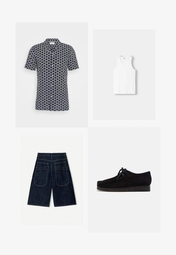 Morska srajca s kratkimi rokavi, ki vsebuje krožni vzorec v beli barvi, z gumbastim zapiranjem spredaj in mehkim vlaknom.; Bela bombažna majica brez rokavov z okroglo izrezom, širokimi naramnicami in ravnim robom, ki se ponaša z gladko teksturo in brez vidnih vzorcev.; Temno modri jeans kratke hlače ohlapnega kroja, z dvema zadnjima žeprakoma, kontrastnim šivanjem in ravnim krojem. ; Črne semiš čevlje z zaobljenim nosom, vezanjem spredaj in teksturiranim črnim gumijastim podplatom. Gladka zgornjost z diskretnimi šivi.