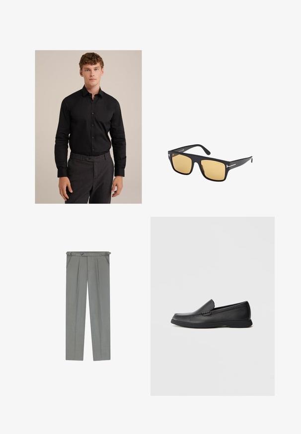 Zwarte, langemouwen shirt met een button-down kraag en knopen aan de voorkant, gemaakt van een gladde stof, gecombineerd met een patroon van donkere broek.; Lichtgrijze op maat gemaakte broek met een gestructureerde afwerking, voorzien van plooien, riemlussen en een knoopsluiting op de taille.; Zwarte leren instaploafer met een textuur bovenwerk, ronde neus, lage hak en rubberen zool, weergegeven in zijprofiel op een witte achtergrond.; Zwarte vierkante zonnebril met gele lenzen. Slank acetaatkader, geaccentueerd met zilveren hardware nabij de slapen, met een minimalistisch ontwerp.; Zwarte leren handschoenen met een gladde textuur, een slank ontwerp en opvallende stiksels langs de vingers, met een licht afgeronde punt op elke vinger.