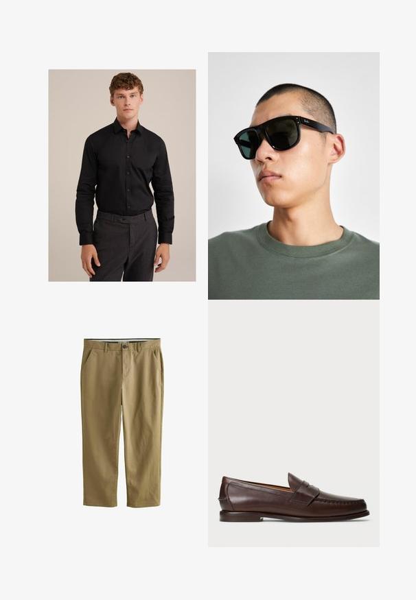 Schwarzes Langarmhemd mit Button-Down-Kragen und vorderen Knöpfen, aus glattem Stoff gefertigt, kombiniert mit gemusterten dunklen Hosen.; Khakifarbene Chinos aus Baumwollmischung, mit zwei Seitentaschen, einem Knopfverschluss, geradem Bein und glatter Textur.; Dunkelbraune Leder-Penny-Loafer mit niedrigem Absatz, genähtem Mokassin-Zehenbereich und Riemendetail entlang des Obermaterials, auf einem weißen Hintergrund präsentiert.; Schwarze rechteckige Sonnenbrille mit dunklen Gläsern, die eine markante Form und eine Markierung am Bügel aufweist. Getragen von einer Person in einem grünen Hemd.; Schwarze Lederhandschuhe mit glatter Textur, schlankem Design und ausgeprägten Nähten entlang der Finger, die an jedem Finger eine leicht abgerundete Spitze aufweisen.