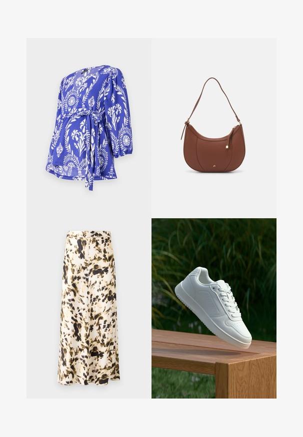 Blue wrap top with white floral pattern, 3/4 sleeves, tie closure at the waist, textured fabric, and a V-neckline.; A knee-length skirt in a light fabric with a beige, brown, and green abstract pattern. Features a fitted waistband and flowing design.; White sneaker with a smooth synthetic upper, perforated toe box, flat laces, and a textured sole, displayed on a wooden surface.; Brown faux leather shoulder bag with curved shape, minimal stitching, and a gold-tone hardware accent. Features a top zipper closure and adjustable strap.