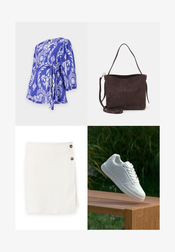 Modrá blúzka s bielym kvetinovým vzorom, 3/4 rukávy, viazanie v páse, textúrovaná tkanina a výstrih do V.; Biela sukňa s textúrovanou látkou, s dizajnom typu zavinovanie a dvoma okrúhlymi gombíkmi na boku na zapínanie.; Biele tenisky s hladkým syntetickým zvrškom, perforovanou špičkou, plochými šnúrkami a textúrovanou podrážkou, vystavené na drevenej ploche.; Hnedá semišová taška s mäkkou textúrou, vybavená jedným ramenným popruhom a jemne zakriveným horným otvorom. Bez viditeľných hardvérových detailov.