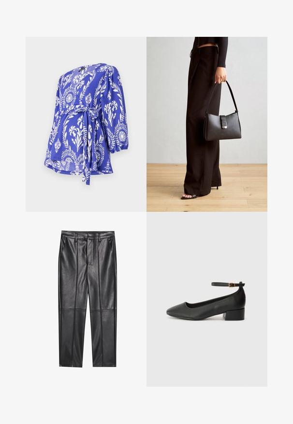 Blauwe wikkelshirt met wit bloemenpatroon, 3/4 mouwen, striksluiting bij de taille, gestructureerde stof en een V-hals.; Zwarte leren broeken met een gladde textuur, voorzien van een rechte pasvorm, twee voorzakken en zichtbare naaddetail.; Zwarte leren pump met een spitse neus en een lage blokhak. Beschikt over een enkelband met een goudkleurige gespsluiting. Gladde textuur.; Zwarte handtas met gestructureerde vorm, gladde textuur en een metalen sluiting. Gecombineerd met brede zwarte broeken en sandalen met open teen op een houten vloer.