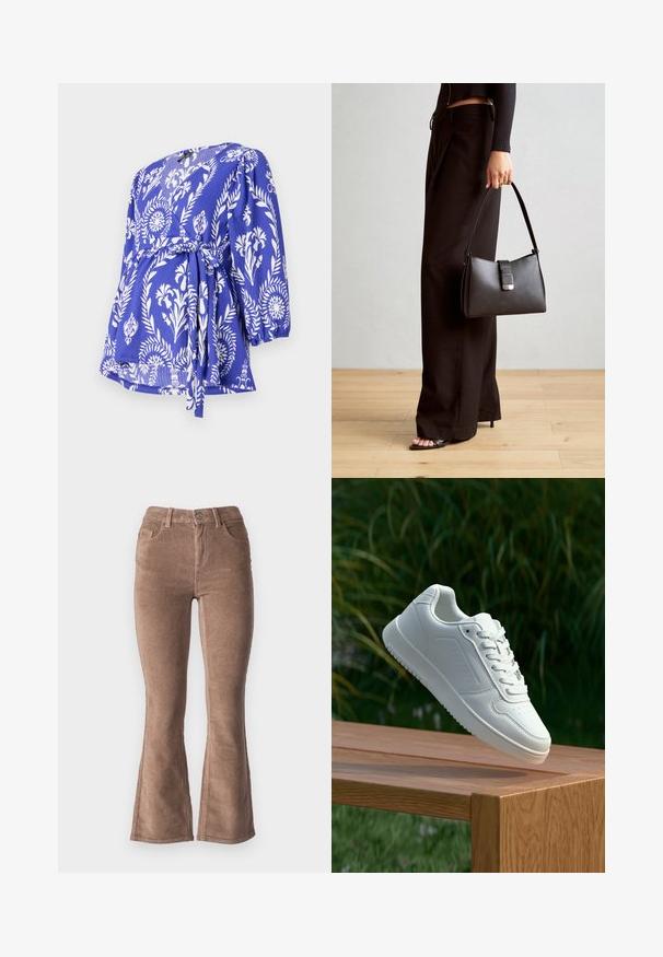 Kék, fehér virágmintás, 3/4-es ujjú, derékban megkötős, texturált anyagú blúz, V-kivágással.; Barna kordbársonyos harangszárú nadrág, bordás textúrával, magas derekú fazonban, öt zsebbel és elülső gombos záródással.; Fehér sportcipő sima szintetikus felsőrésszel, perforált lábujjrész, lapos fűzőkkel és texturált talppal, fából készült felületen kihelyezve.; Fekete kézi táska strukturált formával, sima textúrával és fémből készült záródással. Széles fekete nadrággal és nyitott orrú szandállal párosítva, fából készült padlón.