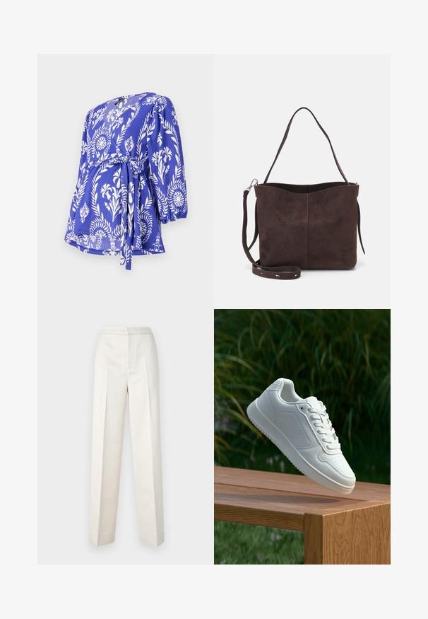 Modrá blúzka s bielym kvetinovým vzorom, 3/4 rukávy, viazanie v páse, textúrovaná tkanina a výstrih do V.; Krémoé nohavice s prispôsobeným strihom, rovné nohavice, hladká tkanina, predné záhyby a čistý lem. Minimalistický dizajn.; Biele tenisky s hladkým syntetickým zvrškom, perforovanou špičkou, plochými šnúrkami a textúrovanou podrážkou, vystavené na drevenej ploche.; Hnedá semišová taška s mäkkou textúrou, vybavená jedným ramenným popruhom a jemne zakriveným horným otvorom. Bez viditeľných hardvérových detailov.