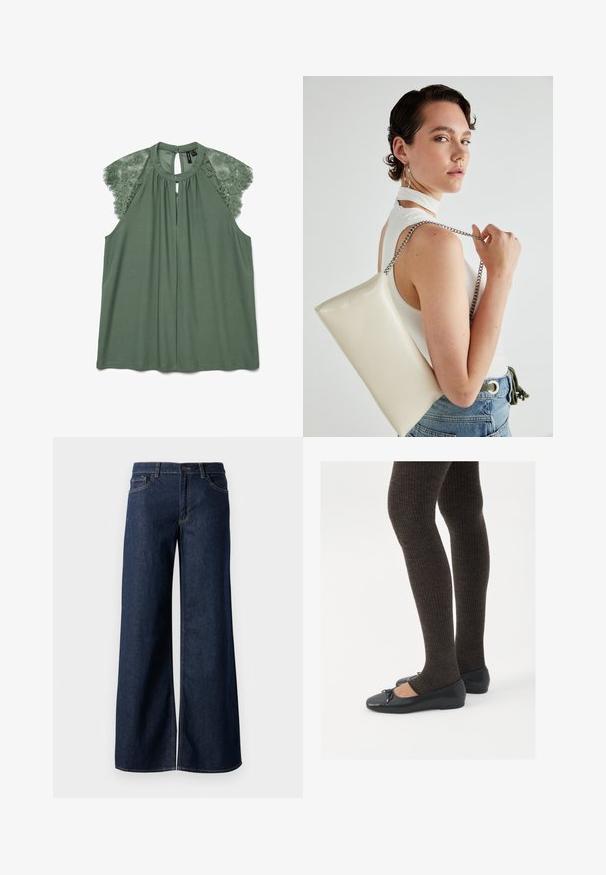 Blouse verte avec des accents en dentelle aux épaules, décolleté en forme de clé et tissu doux. Présente une coupe décontractée et une fermeture à bouton dans le dos.; Jean large en denim bleu foncé. Présente des coutures contrastées, cinq poches et une fermeture par bouton à la taille. Texture lisse.; Chaussures plates noires avec un petit nœud au niveau des orteils, associées à des collants côtelés marron foncé. Les chaussures ont une texture lisse et un profil bas.; Pochette rectangulaire blanche en matériau brillant, avec une bandoulière en chaîne argentée. Le modèle pose en mettant en valeur le sac contre un fond uni.
