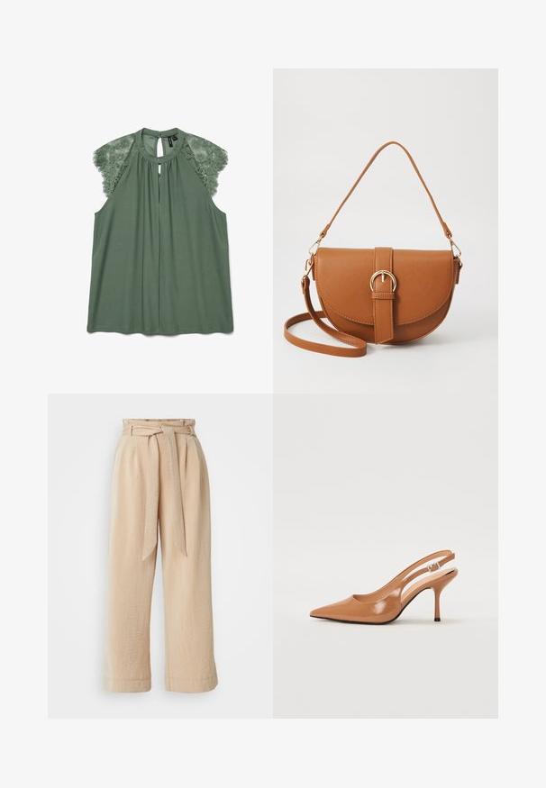 Grøn bluse med blonde skulderdetaljer, nøglehulshals og blødt stof. Har en afslappet pasform og en knaplukning på ryggen.; Beige bukser med bred ben, der har en bælte i taljen, lavet af tekstureret stof. Har en frontfold og en glat afslutning langs sømmen.; Spids tå slingback hæl i et glat, blankt tan materiale. Har et buet udskæring design og en slank stiletto hæl. Sølv spænde detalje.; Brun læder crossbody taske med en buet form, guldfarvet hardware og en spændeaccent. Har en aftagelig skulderrem.