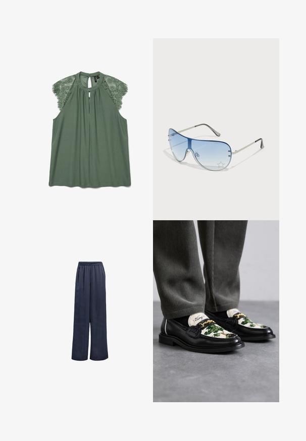 Grøn bluse med blonde skulderdetaljer, nøglehulshals og blødt stof. Har en afslappet pasform og en knaplukning på ryggen.; Marineblå brede bukser lavet af glat stof med elastisk talje og ingen synlige metaldele. Har en afslappet pasform og fuldlængde design.; Sorte læder loafers med en dekorativ overdel i grøn og hvid tekstil. Udstyret med en guld kæde accent og en struktureret sort sål.; Aviator-solbriller med gradient blå linser, sølvmetalramme og dekorative stjerneakcenter på linserne. Glat og strømlinet design.
