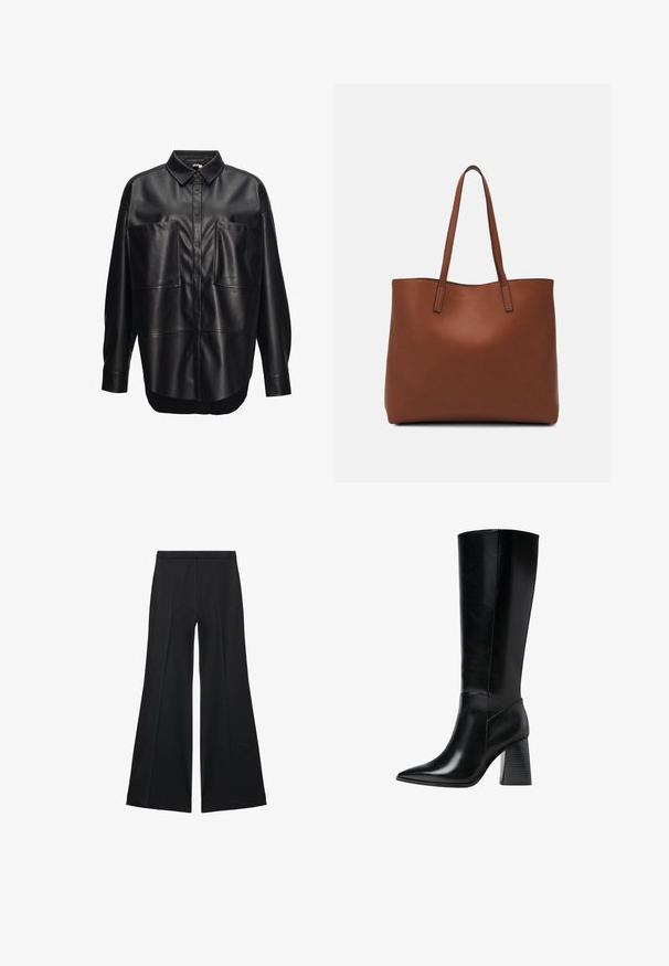 Schwarzes Lederhemd mit Knöpfen, breitem Kragen, zwei großen Brusttaschen und lockerer Passform. Glatte Textur und leicht abgerundeter Saum.; Schwarze weit geschnittene Hose mit glatter Textur, ausgestattet mit Frontfalten und einem taillierten Design. Der Stoff ist leicht und fließend.; Knöchelhohe schwarze Lederstiefel mit spitzem Schuhkopf, glatter Textur und einem stabilen, profilierten Blockabsatz. Schlankes Design mit minimalen Akzenten.; Braune Leder-Tote mit glatter Textur, offenem Oberteil und zwei Schulterriemen. Verfügt über minimale Nähte und keine sichtbaren Beschläge.