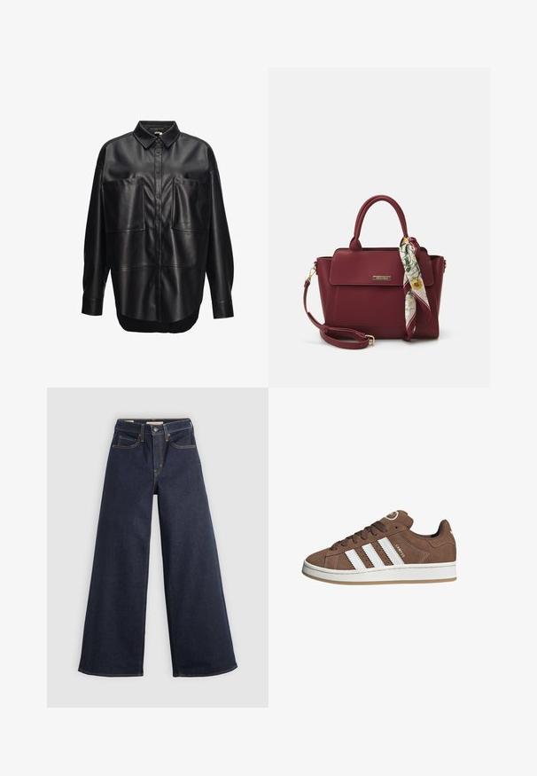 Zwarte leren overhemd met knopen, voorzien van een spread collar, twee grote voorzakken en een relaxte pasvorm. Comfortabele textuur en iets afgeronde onderkant.; Wijde denim jeans in donkerblauw met contrasterende stiksels. Bevat een traditionele vijf-pocketontwerp en een knoopsluiting in de taille.; Bruine suède sneaker met witte leren strepen, rubberen zool, ronde neus en vetersluiting. Kenmerkt zich door een logo op de tong en geperforeerde accenten.; Bordeaux handtas van synthetisch materiaal met een gestructureerd ontwerp, voorzien van een afneembare schouderband en een met bloemenpatroon versierde sjaal die aan het handvat is geknoopt.