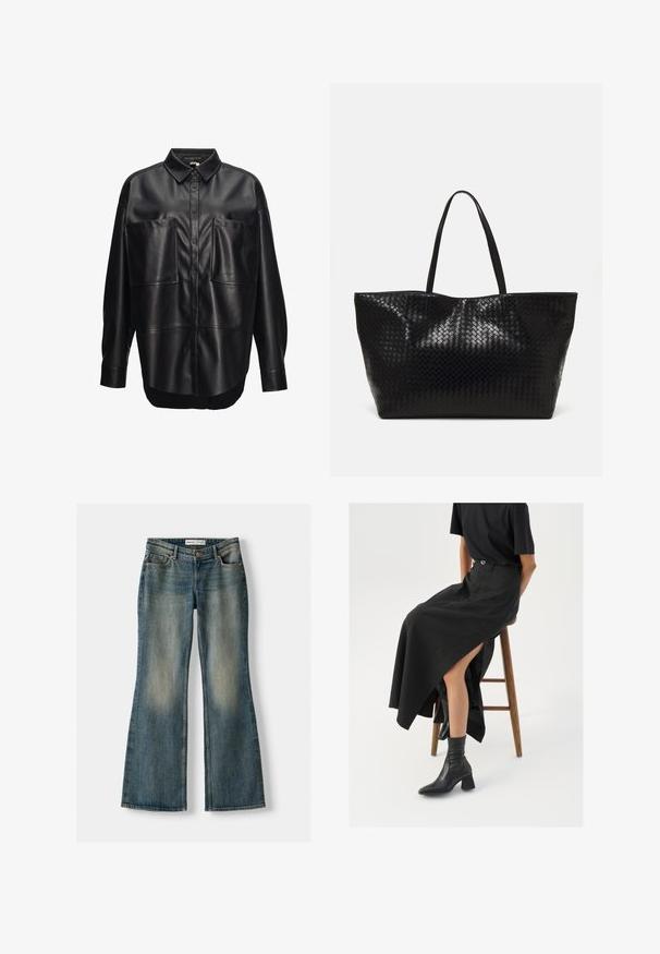 Black leather button-up shirt with a spread collar, two large front pockets, and a relaxed fit. Smooth texture and slightly curved hem.; Blue flared jeans with a faded wash, five pockets, and a button closure. Material shows a denim texture with subtle stitching details.; Black linen maxi skirt with a high slit, worn with a black t-shirt and black ankle boots. Minimalistic design with a relaxed fit.; Black woven tote bag with two sturdy handles, featuring a glossy texture and a spacious open top design.