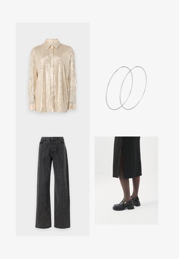 Camicetta dorata con paillettes, colletto, maniche lunghe e motivo a righe verticali. Texture liscia con luccichio e chiusura con bottoni.; Noisy May NMJANNEL LOOSE - Jeans baggy - black denim; Scarpe in pelle nera con punta arrotondata, tacco spesso a blocco e accenti laterali in elastico, abbinate a collant scuri e una gonna nera con uno spacco.; Orecchini a cerchio in argento con un design minimalista. Forma circolare, superficie liscia e profilo sottile. Leggeri con una finitura lucida.