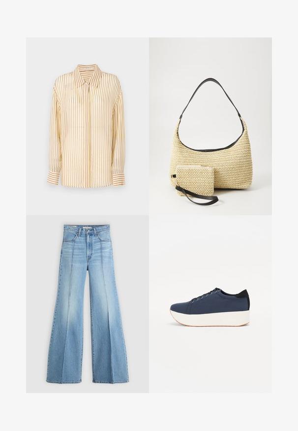 Gelbe Bluse mit vertikalen maronenfarbenen Streifen, kragenloses Design, lange Ärmel mit geknöpften Manschetten und einem leichten, glatten Stofftexture.; Hellblaue, hoch geschnittene Jeans mit weitem Bein, Front- und Gesäßtaschen, Gürtelschlaufen und vertikalen Nahtdetails auf der Vorderseite.; Dunkelblaue Sneaker mit einem strukturierten Obermaterial, weißer Plattformsohle, runder Zehenpartie und schwarzem Fersenakzent. Verfügt über sechs Ösen für die Schnürsenkel.; Geflochtene Strohtasche mit geschwungener Silhouette, ausgestattet mit einem glatten schwarzen Ledergriff und einem passenden kleinen Beutel, der mit einem Handgelenkriemen befestigt ist.