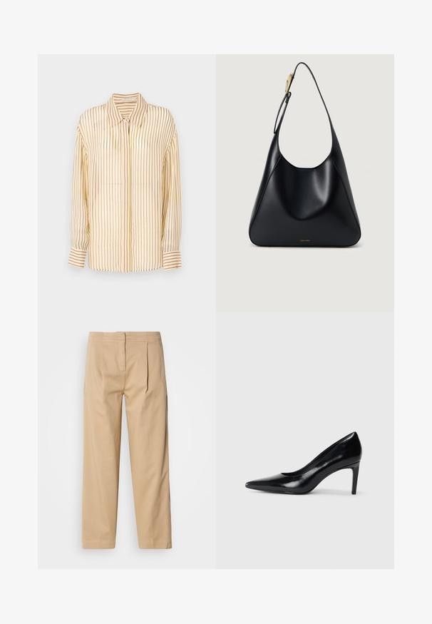Geel blouse met verticale kastanjebruine strepen, met kraagontwerp, lange mouwen met knoopmanchetten, en een lichte, soepele stoftextuur.; Beige katoenen broek met een ontspannen pasvorm, voorzien van twee voorplooien, een rechte pijp en een klassieke knoopsluiting in de taille.; Zwarte leren hoge hak met een spitse neus, een gladde textuur en een tapse hak. Minimalistisch ontwerp, geen extra versieringen.; Zwarte leren schoudertas met een gladde textuur, gebogen silhouet en een goudkleurige hardwareaccent. Beschikt over het reliëf logo van het merk aan de onderkant.