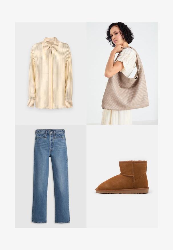 Yellow blouse with vertical maroon stripes, collared design, long sleeves with buttoned cuffs, and a lightweight, smooth fabric texture.; Light blue, straight-leg jeans made of denim. Features include a button fly, five pockets, and subtle fading. No embellishments or patterns.; Brown suede ankle boot with a rounded toe and soft lining, featuring a flat rubber sole and minimal stitching details.; Woven beige tote bag with a slouchy design and a single shoulder strap. Features a textured pattern throughout the surface.; Translucent acrylic hair claw with a subtle iridescent sheen. Rounded shape with six curved prongs for secure hair grip.