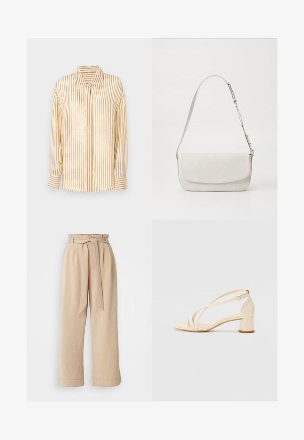 Blusa amarilla con rayas verticales en color marrón, diseño con cuello, mangas largas con puños abotonados y textura de tela ligera y suave.; Pantalones anchos beige con cintura ceñida, hechos de tela texturizada. Presentan un pliegue frontal y un acabado suave en el dobladillo.; Sandalias de tacón beige con tacón bloque, diseño de tiras y correa ajustable en el tobillo, hechas de material sintético suave con un acabado mate.; Bolso de hombro de cuero blanco con un acabado suave, forma rectangular, cierre con solapa y una correa ajustable. Detalle de costura simple.