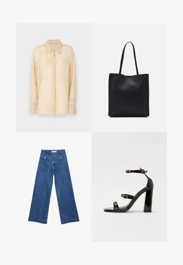 Blusa gialla con strisce verticali color marrone, design con colletto, maniche lunghe con polsini abbottonati e una texture di tessuto leggera e liscia.; Jeans in denim a gamba larga con un lavaggio blu medio, due tasche frontali con chiusura a bottone e dettagli cuciti lungo gli orli.; Sandali con tacco in vernice nera, con punta squadrata, cinturini alla caviglia e fibbie in argento. Presentano un tacco a blocco spesso per maggiore stabilità.; Borsa tote in pelle nera con texture liscia, forma rettangolare e due manici lunghi. Nessun hardware o decorazione visibile.