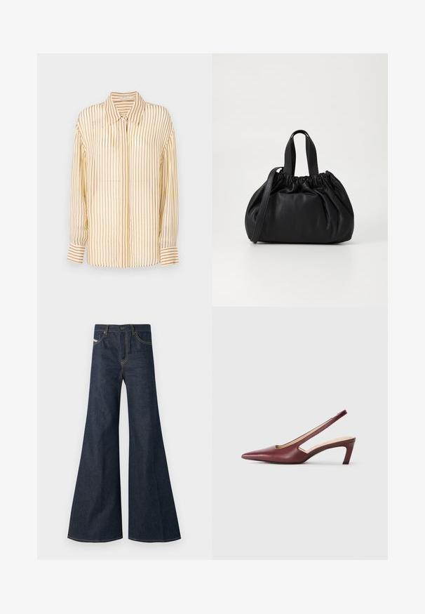 Rumena bluzica z navpičnimi maroon črtami, soseda z ovratnikom, dolge rokave z gumbnimi manšetami in lahkotno, gladko teksturo tkanine.; Temno modri široki jeans iz denima, z visokim pasom, z zlatimi niti in dvema sprednjima žepoma z gumbom.; Burgundske slingback pete s koničastim nosom, izrezi na straneh in srednje visoko blok peto. Gladek usnjeni zaključek.; Črna usnjena torbica z zloženim zgornjim dizajnom, opremljena z dvema kratkima ročkama in dolgo nastavljivo naramnico. Gladka tekstura, okrogla oblika.