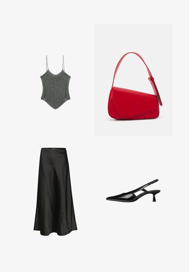 Stickad grå topp med tunna axelremmar, som har en unik spetsig nederkant och sidoutskärningar, vilket visar en texturerad tyggdesign.; Svart satin kjol med en mjuk textur, A-linjeform och en subtil glans. Har en böjd nederkant och en enkel midjebandsdesign.; Svart lackläder slingback-klackar med spetsig tå, utskuren sidor och en liten fyrkantig klack. Slät textur med minimala accenter.; Röd läderhandväska med en vinkelrät, geometrisk design. Har ett justerbart axelband och en klaffstängning med sydda detaljer.