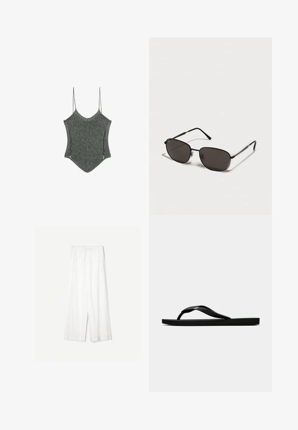 Strikket grå top med tynde stropper, der har en unik spids kant og sideudskæringer, der viser et struktureret stofdesign.; Hvide bukser med brede ben og snøre i taljen, vist imod en ensfarvet baggrund, som fremhæver deres afslappede stil og stoftekstur.; Sorte gummiflip-flopsandaler med en tekstureret rem og simpel flad sål, vist fra siden på en lys ensfarvet baggrund.; Sorte metal solbriller med ovale rammer, mørke linser, slanke stik og et subtilt logo på den venstre linse. Elegant, minimalistisk design.; Brun ruskind tote taske med en glat læderkant, brede bløde skulderstropper og præget logo på fronten. Har et minimalistisk design.