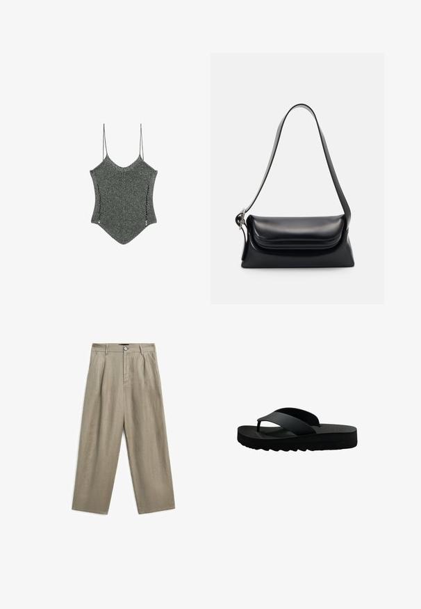 Gebreide grijze top met dunne bandjes, met een unieke puntige zoom en zijkapjes, die een textuurdesign in de stof laat zien.; Kaki linnen broek met een losse fit, voorzien van een knoopsluiting aan de voorkant en geplooid ontwerp. Korte, rechte pijpen en een soepele textuur.; Zwarte flip-flop met een textuur voetbed, ribbelzool en dubbele banden die over de bovenkant kruisen, gemaakt van lichtgewicht, flexibel materiaal.; Zwarte leren handtas met een gestructureerde vorm, een gladde textuur en een enkele schouderband. Heeft een subtiele, afgeronde klepontwerp.