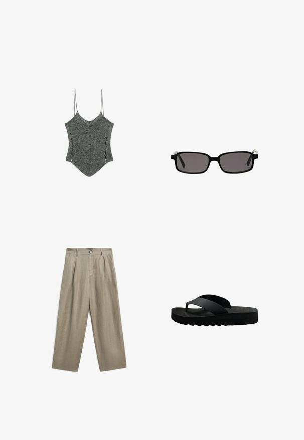 Top grigio lavorato a maglia con spalline sottili, caratterizzato da un orlo a punta unico e aperture laterali, che mette in mostra un design di tessuto testurizzato.; Pantaloni in lino khaki a vestibilità ampia, con chiusura frontale a bottoni e design plissettato. Gambe corte e dritte con una texture liscia.; Infradito neri con un plantare testurizzato, suola scanalata e doppie cinghie che si incrociano sulla parte superiore, realizzati in materiale leggero e flessibile.; Occhiali da sole neri rettangolari con lenti grigie, montatura in plastica e accentuazioni metalliche sulle tempie. Texture liscia e design minimalista.