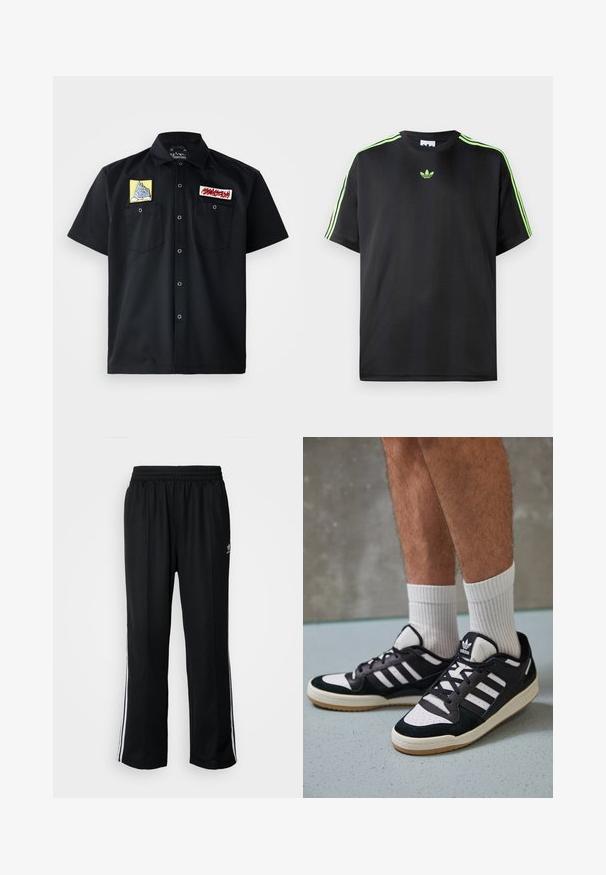 Camisa preta de manga curta com dois emblemas bordados no peito: um design de montanha amarela e um emblema de texto vermelho. Fechamentos frontais por botão de pressão.; T-shirt preto feito de tecido liso com decote redondo, apresentando três riscas verdes nos ombros e um pequeno logo verde no peito.; Calças atléticas pretas com um cós elástico, apresentando riscas brancas laterais e um pequeno logótipo. O material parece macio e leve.; Ténis em preto e branco com upper em camurça e couro, apresentando três riscas brancas, um toe perfurado e uma sola em borracha de goma.