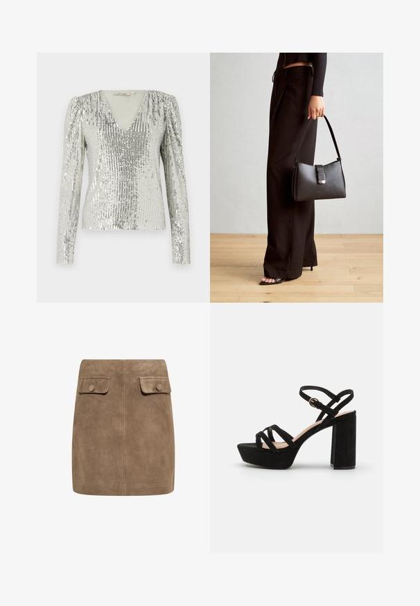 Top argintie cu mânecă lungă și decolteu adânc în V, având un model texturat din paiete verticale și umeri bufanți pliați.; Fustă mini din ante maro, cu o textură netedă, având două buzunare cu clapetă în față și închideri cu buton pe fiecare parte. Design simplu și drept.; Sandale platform din suede negru cu tocul bloc, având curele încrucișate și o curea cu cataramă la gleznă pentru un fit sigur.; Genți negre cu o formă structurată, textură netedă și un închizător metalic. Asortată cu pantaloni negri largi și sandale cu vârf deschis pe un podea din lemn.