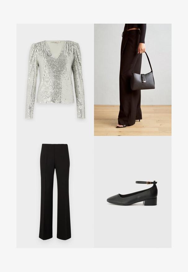 Ασημένια μπλούζα με μακριά μανίκια και βαθύ V-λαιμό, με υφή από κατακόρυφα πούλιες και πλυμένα φουσκωτά ώματα.; Μαύρο tailored παντελόνι με ίσια γραμμή, ψηλή μέση και πτυχές μπροστά, τοποθετημένο σε απλό φόντο.; Μαύρο δερμάτινο τακούνι με μυτερή μύτη και χαμηλό τετράγωνο τακούνι. Διαθέτει λουράκι στον αστράγαλο με χρυσό τόνο πόρπη. Λείο υφή.; Μαύρη τσάντα χειρός με δομημένο σχήμα, λεία υφή και μεταλλικό κούμπωμα. Συνδυασμένη με φαρδιά μαύρα παντελόνια και σανδάλια ανοιχτής μύτης πάνω σε ξύλινο πάτωμα.