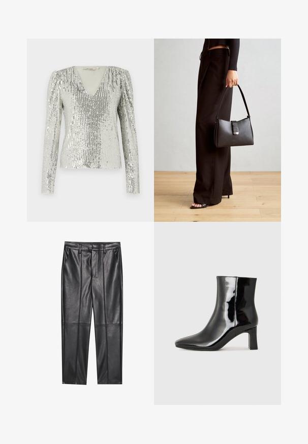 Sølv langermet topp med dyp V-hals, med et teksturert mønster av vertikale paljetter og plissert puffeski.; Sorte lærbukser med en glat tekstur, der har en lige pasform, to forlommer og synlige sømdetaljer.; Sorte patentlær ankle boot med spiss tå og en mellomhøy blokkhelt. Glatt tekstur og minimalistisk design.; Svart håndveske med strukturert form, jevn tekstur og metallisk lås. Kombinert med brede svarte bukser og sandaler med åpen tå på tregulv.
