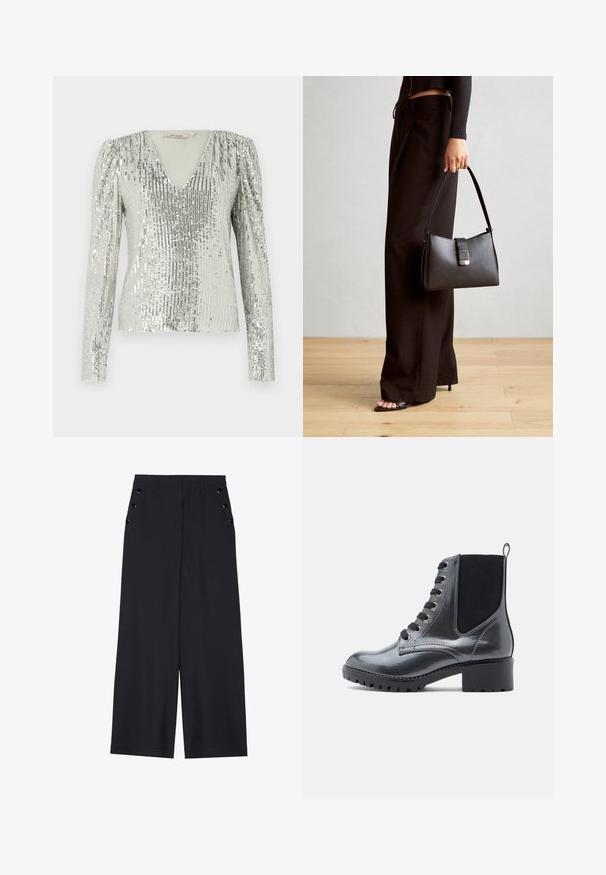 Silbernes Langarm-Oberteil mit tiefem V-Ausschnitt, das ein strukturiertes Muster aus vertikalen Pailletten und ein gerafftes Puff-Shoulder-Design aufweist.; Weite Hosen aus dunkelblauem Stoff mit einer glatten Textur, Vorderfalten und dekorativen goldfarbenen Ösen an den Seitentaschen.; Schwarze, patentierte Leder-Ankle-Boots mit Blockabsatz, schnürbarem Vorderteil und elastischen Seitenteilen für bequemes Anziehen. Robuste Sohle für guten Halt.; Schwarze Handtasche mit strukturierter Form, glatter Textur und einem metallischen Verschluss. Kombiniert mit weiten schwarzen Hosen und offenen Sandalen auf einem Holzboden.