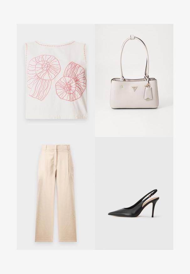 Witte katoenen tanktop met twee grote roze spiraalzeeschelp ontwerpen met omrande patronen en textuursteken.; Beige broek van gladde stof. Met een rechte snit, platte voorkant en twee plooiingen. Geen zichtbare patronen of hardware.; Zwarte lederen slingback hakken met een puntige neus, een gladde textuur en een delicaat bandje met een metalen gesp.; Beige neplederen handtas met een gladde textuur, dubbele schouderbanden, gouden hardware, een logoplaatje en een aangehechte label.