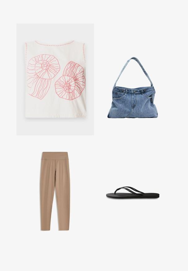 White cotton tank top featuring two large pink spiral seashell designs with outlined patterns and textured stitching.; Tan leggings with a high waistband, made from smooth, stretchy fabric. Features a streamlined fit and no visible hardware or patterns.; Black flip-flop featuring a textured rubber sole, two slender straps, and a subtle, embossed logo detail on the strap.; Denim shoulder bag with a curved strap, two front pockets, and a buttoned top, featuring light blue fabric and contrasting stitching details.