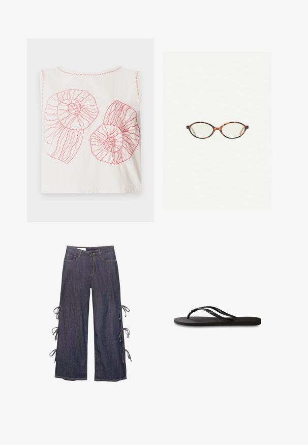 Bela bombažna majica brez rokavov z dvema velikima spiralnima školjkama v roza barvi, ki imata obrobo in teksturirano šivanje.; Denim široke hlače v temno modri barvi z stranskimi vezavami in gumbnim zapiranjem. Imajo sprednje žepke in sproščen silhueto.; Črne natikače z teksturirano gumijasto podlogo, dvema ozkima trakoma in subtilnim, vtisnjenim logom na traku.; Kornjačaste očala z ovalnimi lečami in gladko, sijočo površino. Imajo tanke stranice z rahlim ovinkom na templjih. Prosojne leče.