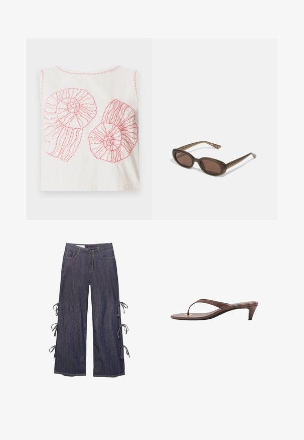 Biały bawełniany top na ramiączkach z dwoma dużymi różowymi spiralnymi muszelkami w zarysowanych wzorach i teksturowanym ściegem.; Jeansy w kantach w ciemnoniebieskim kolorze z bocznymi wiązaniami i zapięciem na guzik. Posiadają przednie kieszenie i luźny krój.; Brązowe sandały na obcasie w stylu klapek z wąskim paskiem i zaokrąglonym palcem, z małym złotym akcentem na wkładce.; Brązowe, owalne okulary przeciwsłoneczne z ciemnymi soczewkami. Rama wykonana jest z przezroczystego brązowego materiału i ma logo nadrukowane na zausznikach.