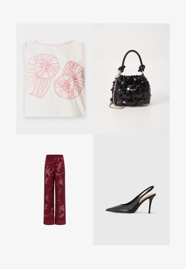 Débardeur en coton blanc avec deux grands motifs de coquillage en spirale rose, ornés de motifs dessinés et de coutures texturées.; Pantalons larges bordeaux avec un dessus en dentelle florale transparente. Dotés d'une taille solide et de détails à l'ourlet, mettant en valeur des motifs de fleurs complexes.; Escarpin à talon haut en cuir noir avec un bout pointu, une texture lisse et une délicate bride avec une boucle métallique.; Mini sac à main en sequins noirs avec une bandoulière texturée nouée et une chaîne argentée. Forme arrondie avec un haut froncé et des détails réfléchissants.