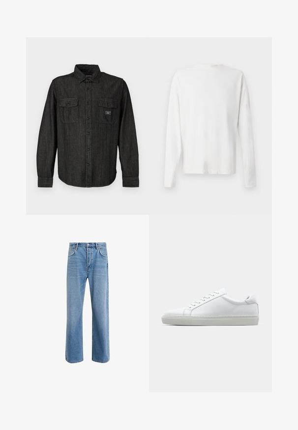 Zwarte denimhemd met knoopsluiting, puntige kraag en twee borstzakken. Heeft een subtiel gestreept patroon en een merklabel op de zak.; Witte katoenen blouse met lange mouwen en een ronde halslijn, met zijsplitten aan de onderkant en een gladde textuur, vanuit de achterkant weergegeven.; Lichtblauwe denim jeans met een straight-leg ontwerp, vijf zakken, knoopsluiting, minimale vervaging en contrasterende stikseldetails.; Witte sneaker met een gladlederen bovenwerk en een laag profiel. Voorzien van een ronde neus, zes vetergaatjes en een gestructureerde rubberen zool.