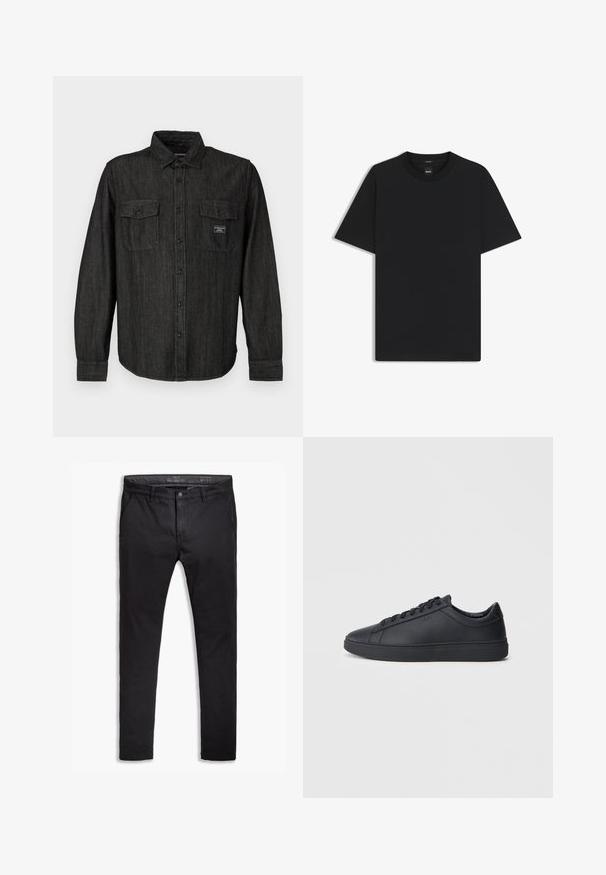 Musta farkkutakki, jossa on napit edessä, terävä kaulus ja kaksi rintataskua. Takissa on hienovarainen raidallinen kuvio ja brändilogo taskussa.; Musta lyhythiha T-paita, joka on valmistettu sileästä puuvillasekoitteesta. Paita on varustettu pyöreällä pääntiehen ja siinä on minimaalinen muotoilu ilman kuvioita tai yksityiskohtia.; Musta puuvillainen chinos-housut tapered-fit -mallilla, viidellä taskulla, vyölenkeillä ja sileällä pinnalla. Vetoketjukiinnitys nappisuljennalla.; Mustat lenkkarit, jotka on valmistettu sileästä nahasta, matalalla varrella, pyöreällä varvalla ja tasaisella kumipohjalla. Varusteena nauhat ja huomaamaton brändäys.