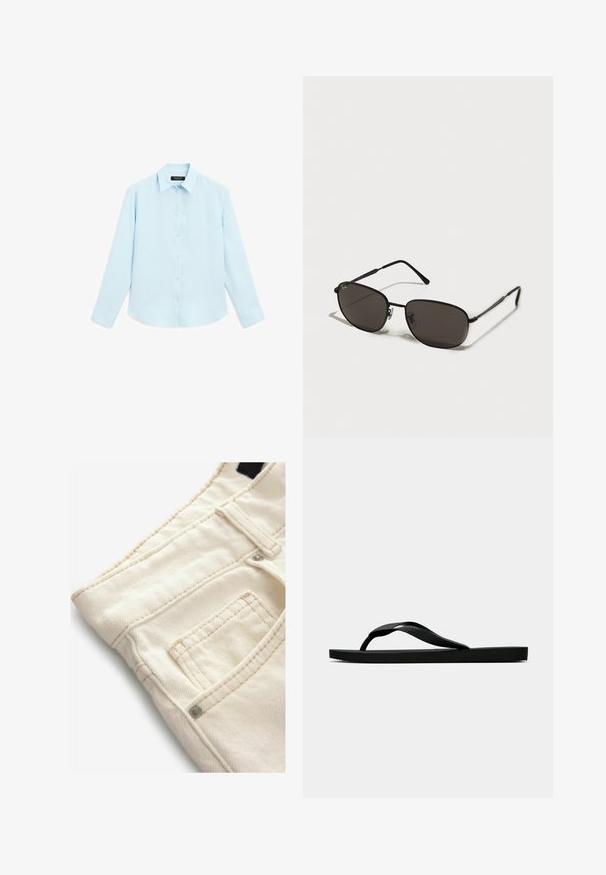 Lichtblauw overhemd met lange mouwen, toetsen met een zachte textuur, knoopsluiting aan de voorkant en een traditionele kraag. Voorzien van knoopsluitingen bij de manchetten en een afgeronde zoom.; Crème-kleurige spijkerbroek met een gestructureerd oppervlak, voorzien van een klein voorvak en contrasterende stiksels. Ideaal voor casual wear.; Zwarte rubberen flip-flop sandaal met een getextureerde strap en een eenvoudige platte zool, zijaanzicht op een effen lichte achtergrond.; Zwarte metalen zonnebril met ovale monturen, donkere lenzen, slanke tempels en een subtiel logo op de linkerlens. Elegant, minimalistisch ontwerp.; Bruine suède schoudertas met een gladde leren afwerking, brede zachte schouderbanden en een geperst logo aan de voorkant. Heeft een minimalistisch design.
