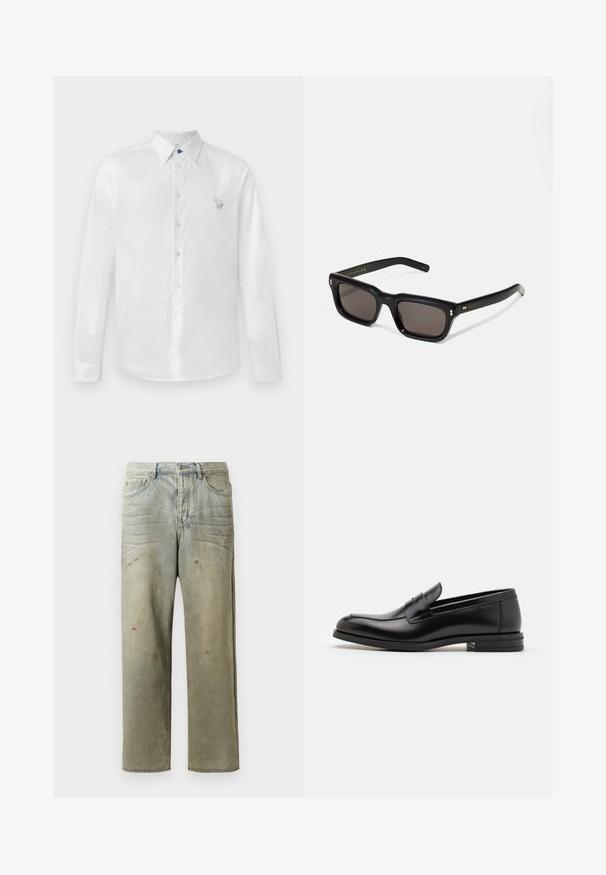 Camisa blanca de manga larga en tejido suave, con un botón azul y un pequeño diseño bordado en el lado izquierdo. Parte delantera abotonada y cuello.; Jeans de mezclilla desgastados en verde claro, con corte recto, diseño de cinco bolsillos y decoloración desigual con manchas de pintura.; Mocasines de cuero negro con una textura suave, puntera redondeada y una tira decorativa en el empeine. Tacón bajo apilado, diseño minimalista.; Gafas de sol rectangulares negras con lentes oscuros, marco de plástico grueso, acentos dorados en las patillas y logotipo de la marca grabado en el brazo.