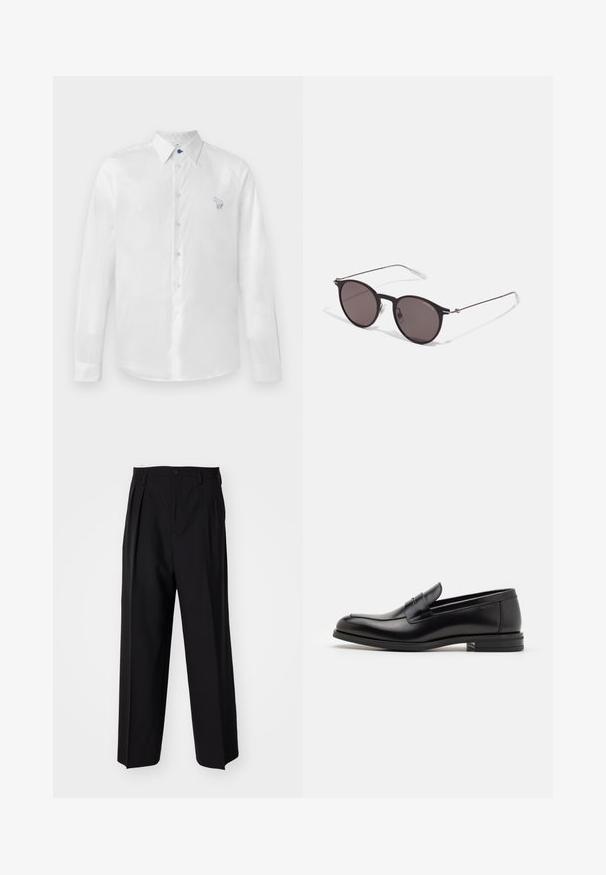 Camicia bianca a maniche lunghe in tessuto liscio con un bottone blu e un piccolo design ricamato sul lato sinistro. Chiusura frontale con bottoni e colletto.; Pantaloni neri a pieghe con un design dritto e gamba larga. Realizzati in tessuto morbido, con chiusura a bottone e passanti per cintura.; Mocassini neri in pelle con una texture liscia, punta arrotondata e una striscia decorativa sulla tomaia. Tacco basso impilato, design minimalista.; Occhiali da sole neri rotondi con lenti scure e sottili bracci in metallo. Include punte trasparenti e accenti argentati alla cerniera. Design minimalista.